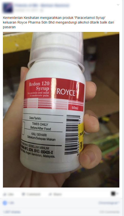 Ubat Paracetamol Keluaran Royce Pharma Mengandungi Alkohol?